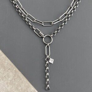 NEW, 2 necklaces, NON-TARNISH CHAIN silver steel, CRYSTAL, edgy punk goth alt